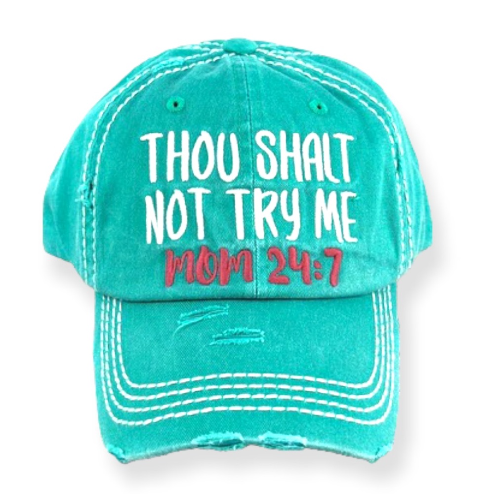 Turquoises “Thou Shalt Not Try Me” distressed hat